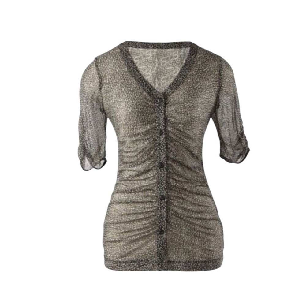Cabi Mesh Button Front Ruched Animal Print Top Grey Black V-Neck Blouse Medium
